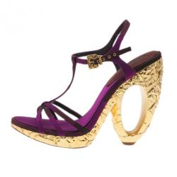 مملوكة مسبقًا Louis Vuitton Purple Satin Feerique Morganne Wedge Sandals Size 38.5