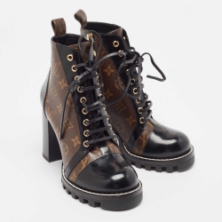Pre Owned Louis Vuitton Black/Brown Patent And Coated Monogram Canvas Star Trail Ankle Boots Size 39