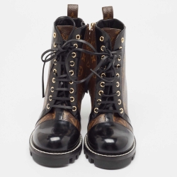 Pre Owned Louis Vuitton Black/Brown Patent And Coated Monogram Canvas Star Trail Ankle Boots Size 39