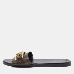 Louis Vuitton Brown Monogram Canvas Lock It  Flat Slides Size 38 