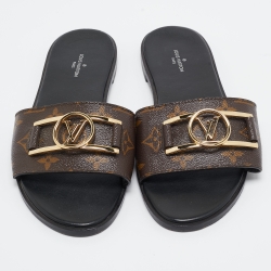 Louis Vuitton Brown Monogram Canvas Lock It  Flat Slides Size 38 