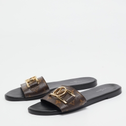 Louis Vuitton Brown Monogram Canvas Lock It  Flat Slides Size 38 
