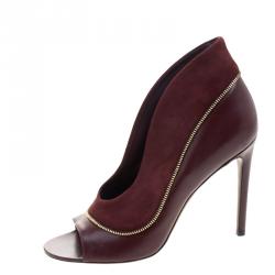 Pre Owned Louis Vuitton Burgundy Suede and Leather Zip Detail Open Toe Booties Size 38.5
