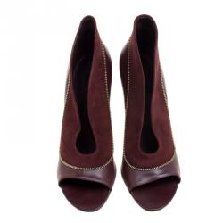 Pre Owned Louis Vuitton Burgundy Suede and Leather Zip Detail Open Toe Booties Size 38.5