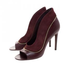 Pre Owned Louis Vuitton Burgundy Suede and Leather Zip Detail Open Toe Booties Size 38.5