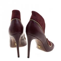 Pre Owned Louis Vuitton Burgundy Suede and Leather Zip Detail Open Toe Booties Size 38.5