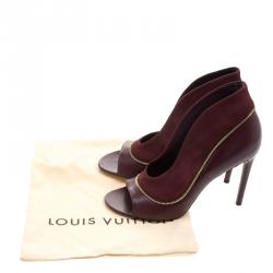 Pre Owned Louis Vuitton Burgundy Suede and Leather Zip Detail Open Toe Booties Size 38.5