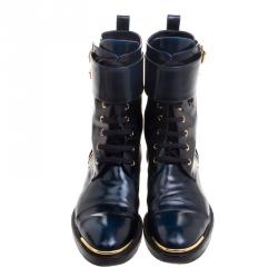 Pre Owned Louis Vuitton Navy Blue Leather Like A Man Ranger Boots Size 37.5