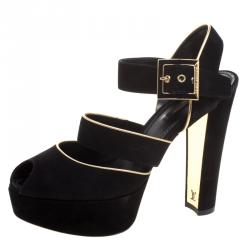 Pre Owned Louis Vuitton Black Suede Mowani Peep Toe Platform Sandals Size 37.5