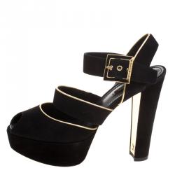 Pre Owned Louis Vuitton Black Suede Mowani Peep Toe Platform Sandals Size 37.5