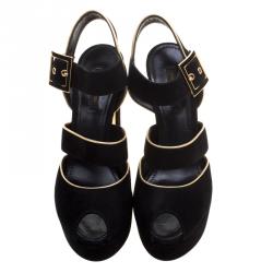 Pre Owned Louis Vuitton Black Suede Mowani Peep Toe Platform Sandals Size 37.5