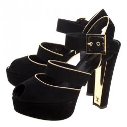 Pre Owned Louis Vuitton Black Suede Mowani Peep Toe Platform Sandals Size 37.5