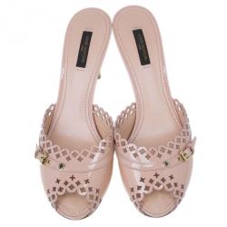 Pre Owned Louis Vuitton Peach Patent Monogram Cutout Mules Size 40