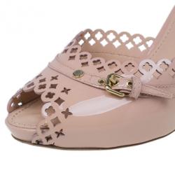 Pre Owned Louis Vuitton Peach Patent Monogram Cutout Mules Size 40