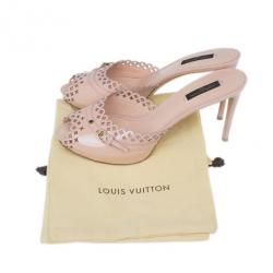 Pre Owned Louis Vuitton Peach Patent Monogram Cutout Mules Size 40