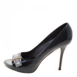 Pre Owned Louis Vuitton Grey Patent Leather Monogram Buckle Peep Toe Pumps Size 41