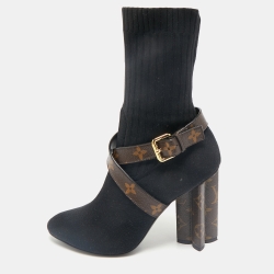 Louis Vuitton Black/Brown Knit Fabric And Monogram Canvas Ankle Boots Size 39 