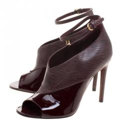 Pre Owned حذاء بوت لوي فيتون جلد إيبي أحمر بوردوه وجلد لامع مقدمة مفتوحة بحزام للكاحل مقاس 37.5