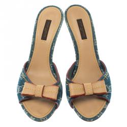 Pre Owned Louis Vuitton Blue Denim Monogram And Leather Bow Slides Size 38.5