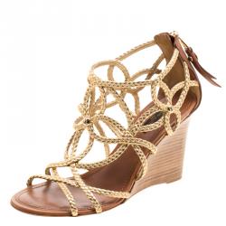 مملوكة مسبقًا Louis Vuitton Metallic Gold Braided Leather Wedge Sandals Size 39