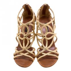 مملوكة مسبقًا Louis Vuitton Metallic Gold Braided Leather Wedge Sandals Size 39
