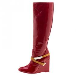 Pre Owned حذاء بوت لوي فيتون نعل روكي فوق الركبة جلد فيرنيه أحمر كرزي مقاس 38.5