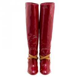 Pre Owned حذاء بوت لوي فيتون نعل روكي فوق الركبة جلد فيرنيه أحمر كرزي مقاس 38.5