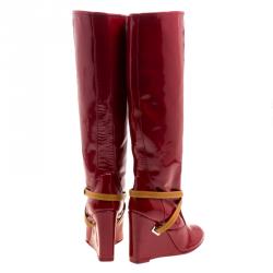 Pre Owned حذاء بوت لوي فيتون نعل روكي فوق الركبة جلد فيرنيه أحمر كرزي مقاس 38.5