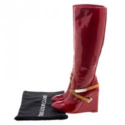 Pre Owned حذاء بوت لوي فيتون نعل روكي فوق الركبة جلد فيرنيه أحمر كرزي مقاس 38.5