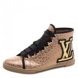 Louis Vuitton Gold Embossed Leather High Top Sneakers Size 37.5 