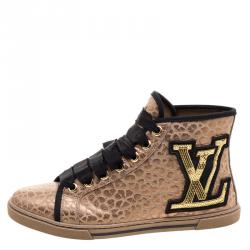 Louis Vuitton Gold Embossed Leather High Top Sneakers Size 37.5 