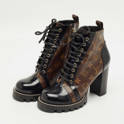 Pre Owned Louis Vuitton Brown/Black Monogram Canvas and Patent Leather Star Trail Ankle Boot Size 38.5