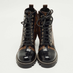 Pre Owned Louis Vuitton Brown/Black Monogram Canvas and Patent Leather Star Trail Ankle Boot Size 38.5