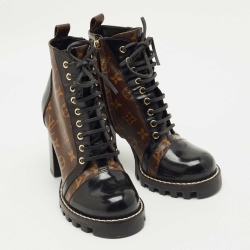 Pre Owned Louis Vuitton Brown/Black Monogram Canvas and Patent Leather Star Trail Ankle Boot Size 38.5