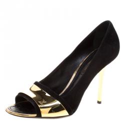 مملوكة مسبقًا حذاء كعب عالي لوي فيتون مقدمة مفتوحة مطلي ذهب سويدي أسود مقاس 36