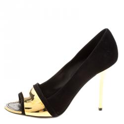 مملوكة مسبقًا حذاء كعب عالي لوي فيتون مقدمة مفتوحة مطلي ذهب سويدي أسود مقاس 36