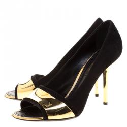 مملوكة مسبقًا حذاء كعب عالي لوي فيتون مقدمة مفتوحة مطلي ذهب سويدي أسود مقاس 36