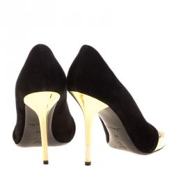 مملوكة مسبقًا حذاء كعب عالي لوي فيتون مقدمة مفتوحة مطلي ذهب سويدي أسود مقاس 36