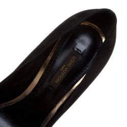 مملوكة مسبقًا حذاء كعب عالي لوي فيتون مقدمة مفتوحة مطلي ذهب سويدي أسود مقاس 36