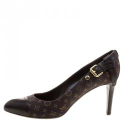 Pre Owned Louis Vuitton Brown Monogram Canvas Mini Lin Barbara Leather Cap Pointed Toe Pumps Size 37.5