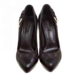 Pre Owned Louis Vuitton Brown Monogram Canvas Mini Lin Barbara Leather Cap Pointed Toe Pumps Size 37.5