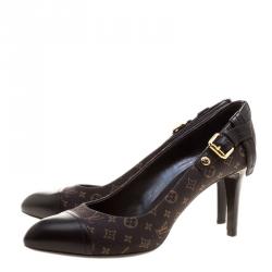 Pre Owned Louis Vuitton Brown Monogram Canvas Mini Lin Barbara Leather Cap Pointed Toe Pumps Size 37.5