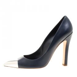 Pre Owned Louis Vuitton Oxford Blue Leather Merry Go Round Metal Cap Pointed Toe Pumps Size 38