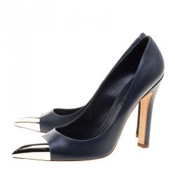 Pre Owned Louis Vuitton Oxford Blue Leather Merry Go Round Metal Cap Pointed Toe Pumps Size 38