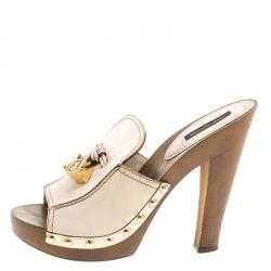 Pre Owned Louis Vuitton Cream Leather Rhodes Studded Platform Peep Toe Mules Size 37.5