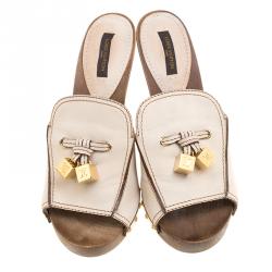 Pre Owned Louis Vuitton Cream Leather Rhodes Studded Platform Peep Toe Mules Size 37.5