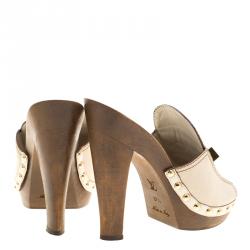Pre Owned Louis Vuitton Cream Leather Rhodes Studded Platform Peep Toe Mules Size 37.5