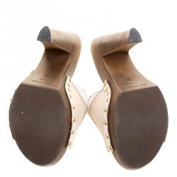 Pre Owned Louis Vuitton Cream Leather Rhodes Studded Platform Peep Toe Mules Size 37.5