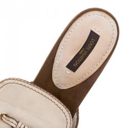 Pre Owned Louis Vuitton Cream Leather Rhodes Studded Platform Peep Toe Mules Size 37.5