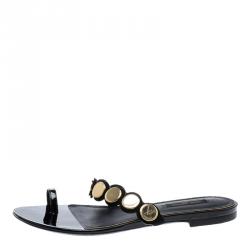 مملوكة مسبقًا صندل فلات لوي فيتون بحلقة اصبع جلد وسويدي مرصع أسود مقاس 36